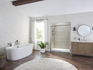 A walk-in shower and a soaker tub in a remodeled bathroom