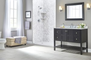 An elegant new bathroom with a walk-in shower